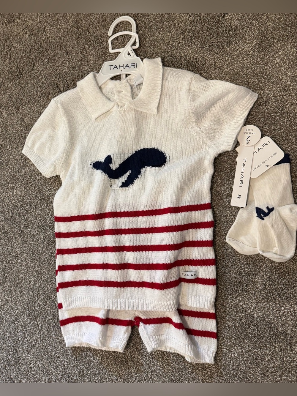 New Tahari Red White Striped sweater shorts  & socks set 3T whale patriotic boys
